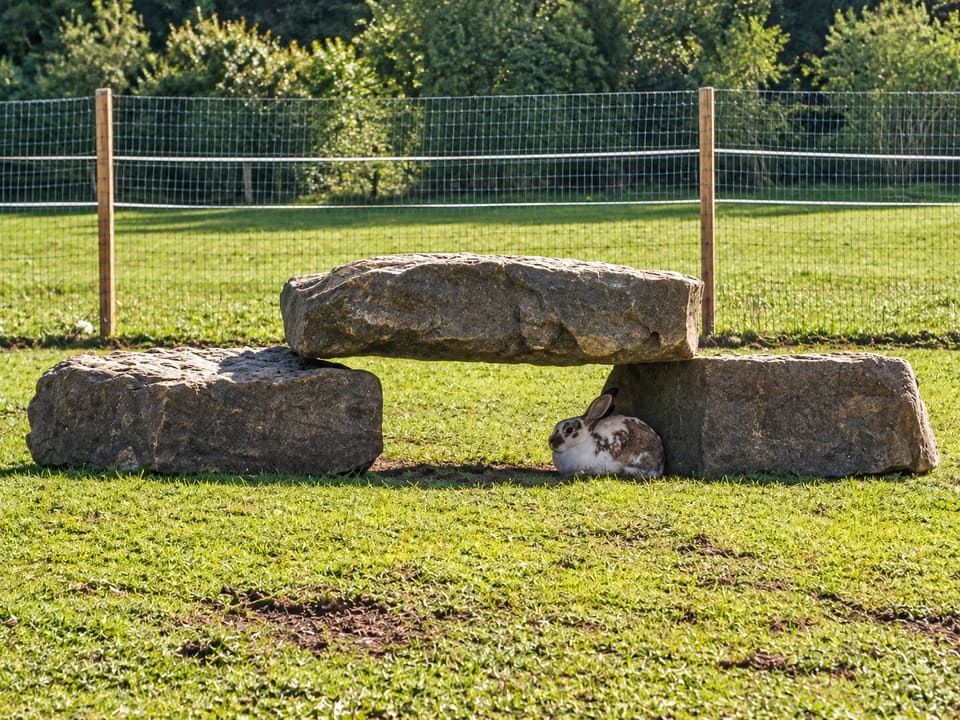 Un lapin tacheté se repose à l’ombre d’un abri de pierre au Clos des Vignes.
